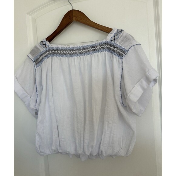 Free People Shirt Small Smocked Yoke Embroidered Cropped Airy Coastal Casual - Picture 4 of 11